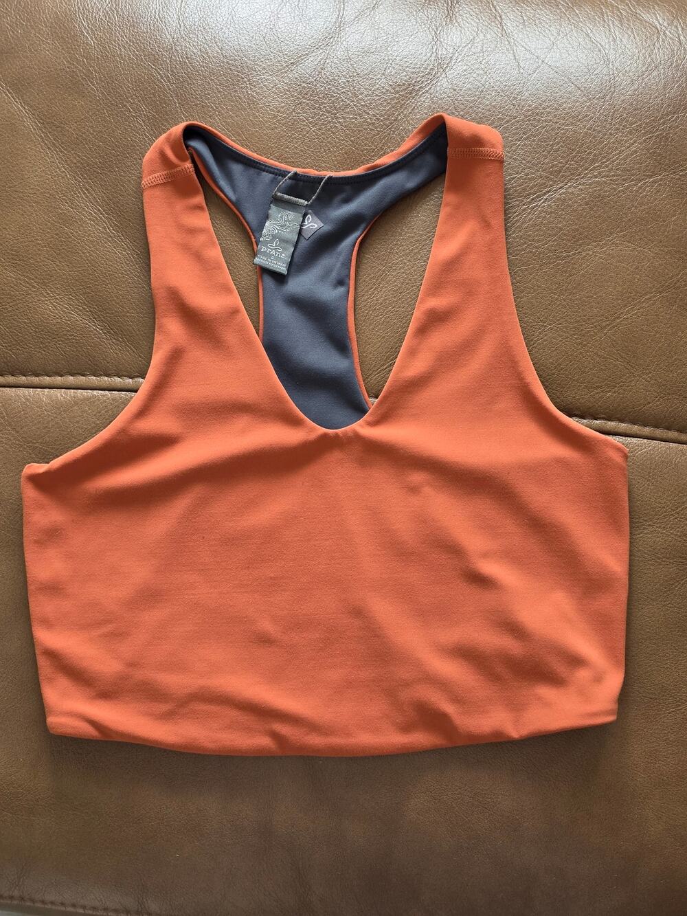 PrAna Momento Crop Top Sports Bra Size S Reversible Colors Rust and Gray
